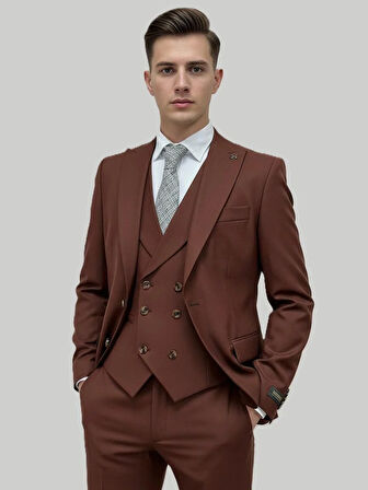 Hermose Kiremit Rengi Şal Yaka Yelekli Takım Elbise