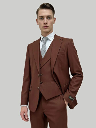 Hermose Kiremit Rengi Şal Yaka Yelekli Takım Elbise