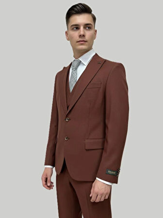 Hermose Kiremit Rengi Şal Yaka Yelekli Takım Elbise