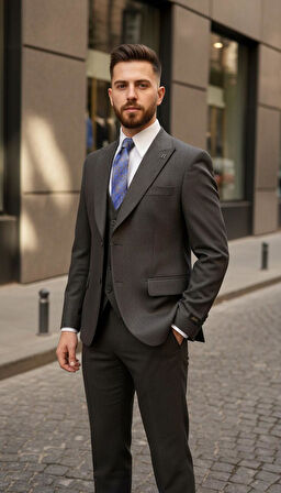 Koyu Kahverengi Modern Fit Yelekli Erkek Takım Elbise