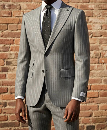 Gri Çizgili Modern Fit Erkek Ceket
