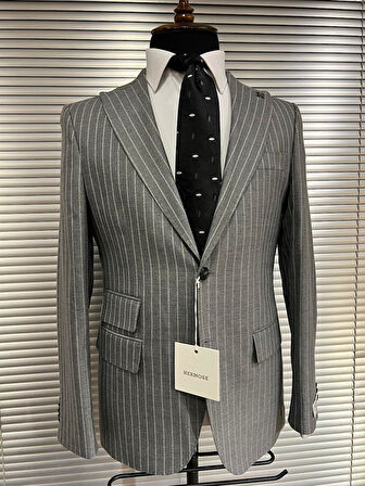 Gri Çizgili Modern Fit Erkek Ceket