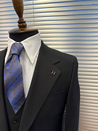 Siyah Modern Fit Yelekli Erkek Takım Elbise 