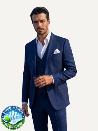 Riviera | Derin Lacivert Keten & Lyocell Yelekli Takım Elbise