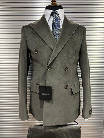 Haki Kruvaze Kadife Takım Elbise 