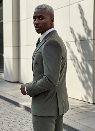 Haki Kruvaze Kadife Takım Elbise 