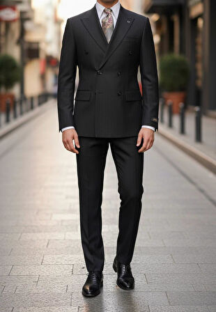 Siyah Çizgili Erkek Kruvaze Takım Elbise