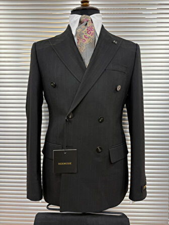 Siyah Çizgili Erkek Kruvaze Takım Elbise