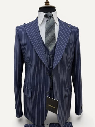 Sartorial | Gece Mavisi Çizgili Yelekli Takım Elbise 