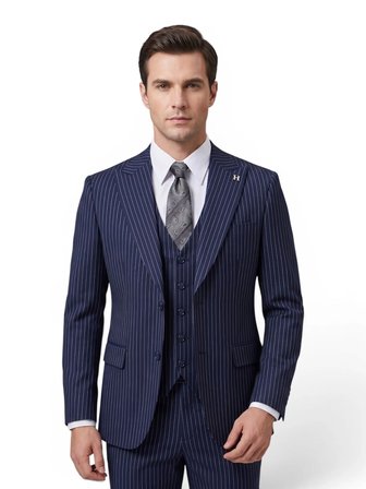 Sartorial | Gece Mavisi Çizgili Yelekli Takım Elbise 