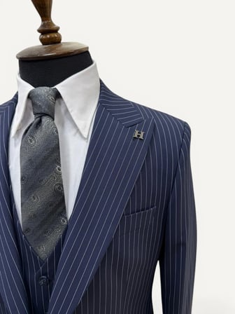 Sartorial | Gece Mavisi Çizgili Yelekli Takım Elbise 
