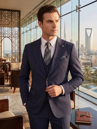 Sartorial | Gece Mavisi Çizgili Yelekli Takım Elbise 