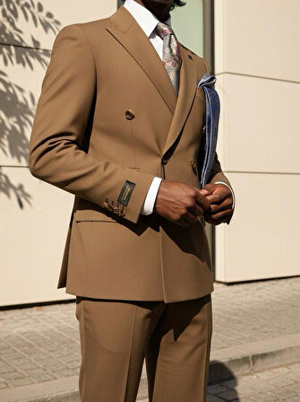 Kahve Rengi Kruvaze Modern Fit Erkek Takım Elbise