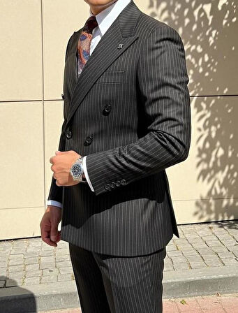 Siyah Modern Fit Kruvaze Kiremit Çizgili Takım Elbise
