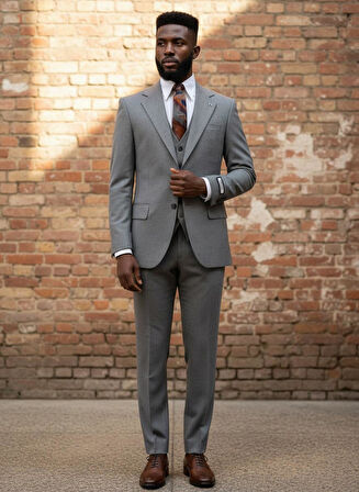 Gri Modern Fit Erkek Takım Elbise | Yelekli 3'lü Kombin