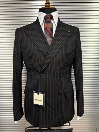 Siyah Modern Fit Kruvaze Kiremit Çizgili Takım Elbise