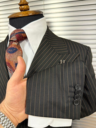 Siyah Modern Fit Kruvaze Kiremit Çizgili Takım Elbise