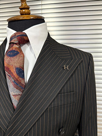 Siyah Modern Fit Kruvaze Kiremit Çizgili Takım Elbise