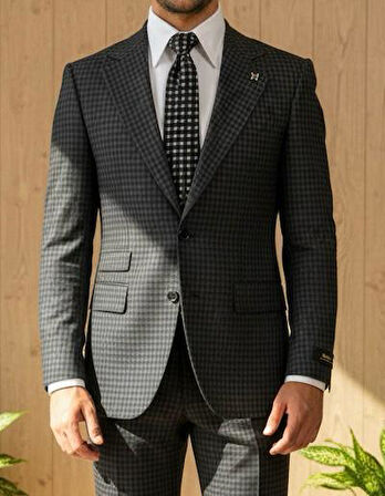 Siyah Ekose Desenli Slim Fit Erkek Ceket