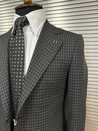 Siyah Ekose Desenli Slim Fit Erkek Ceket