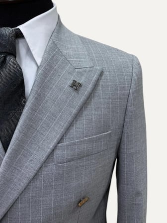 Gri Torba Cepli Çizgili Kruvaze Takım Elbise