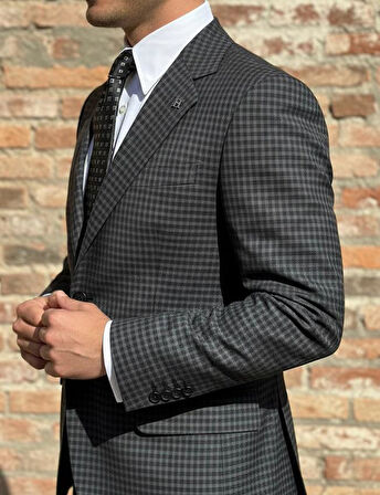 Siyah Ekose Desenli Slim Fit Erkek Ceket