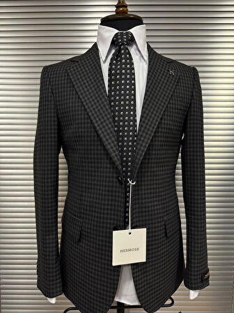 Siyah Ekose Desenli Slim Fit Erkek Ceket