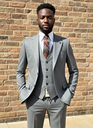 Gri Modern Fit Erkek Takım Elbise | Yelekli 3'lü Kombin