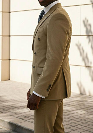 Bej Modern Fit Kruvaze Takım Elbise