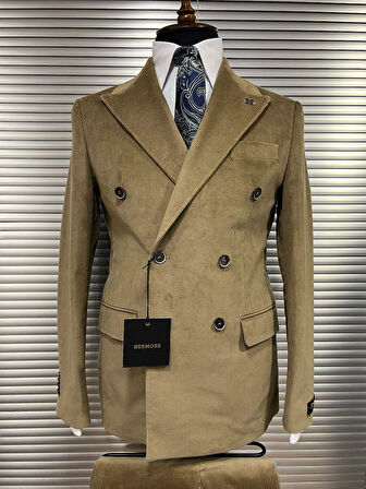 Bej Modern Fit Kruvaze Takım Elbise