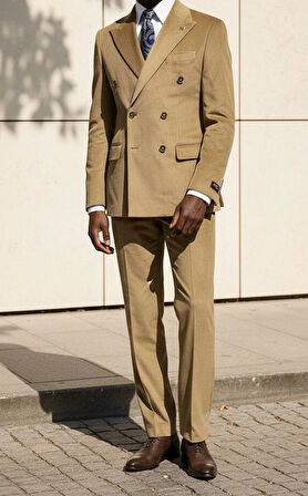 Bej Modern Fit Kruvaze Takım Elbise