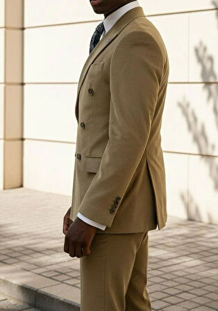 Bej Modern Fit Kruvaze Takım Elbise