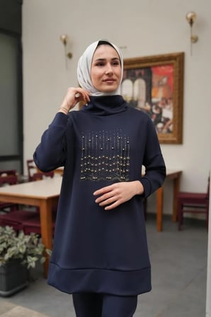 Taş Detaylı Scuba Tunik Pantolon Lacivert İkili Takım Tulsa