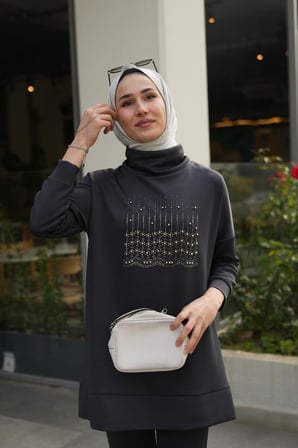 Taş Detaylı Scuba Tunik Pantolon Antrasit İkili Takım Tulsa