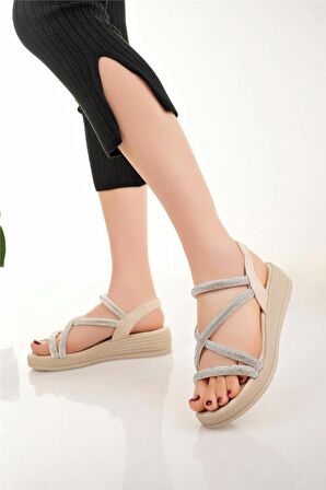 Kadın Taş Detay Sandalet-Bej