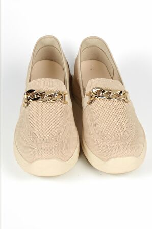 Kadın Metal Tokalı Loafer Ayakkabı-Bej