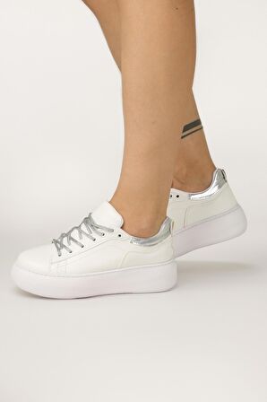 Bağcıklı Kadın Spor Ayakkabı-Beyaz-Gümüş