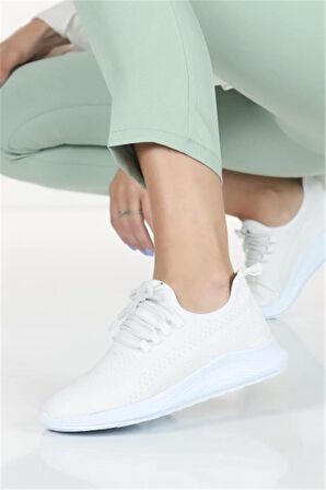 Kadın Bağcıkl Triko Spor Sneaker Ayakkabı-Beyaz