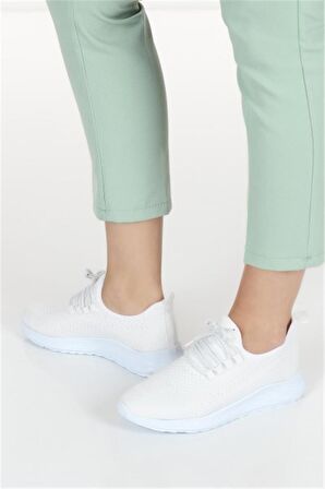 Kadın Bağcıkl Triko Spor Sneaker Ayakkabı-Beyaz