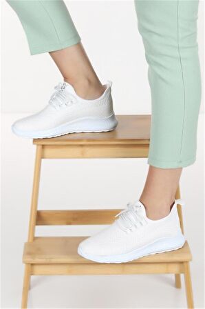 Kadın Bağcıkl Triko Spor Sneaker Ayakkabı-Beyaz