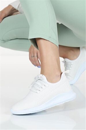 Kadın Bağcıkl Triko Spor Sneaker Ayakkabı-Beyaz