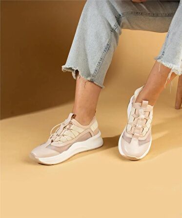 Kadın Bağcıklı Spor Sneaker-Bej