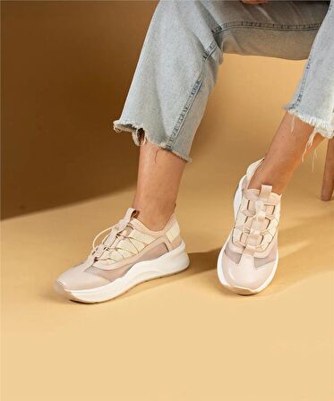 Kadın Bağcıklı Spor Sneaker-Bej