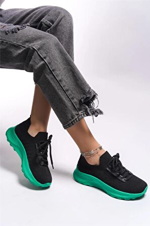 Bağcıklı Unisex Triko Spor Ayakkabı-Siyah-Yeşil