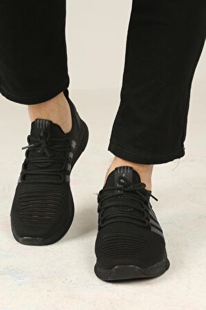 Erkek Bağcıklı Triko Spor Ayakkabı-Siyah-Kömür
