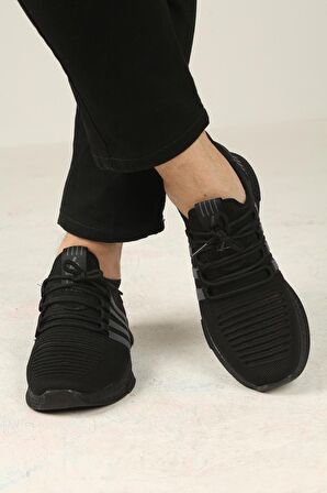 Erkek Bağcıklı Triko Spor Ayakkabı-Siyah-Kömür