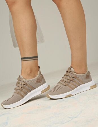 Kadın Bağcıklı Triko Spor Ayakkabı-Bej-Camel
