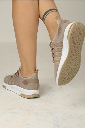 Kadın Bağcıklı Triko Spor Ayakkabı-Bej-Camel