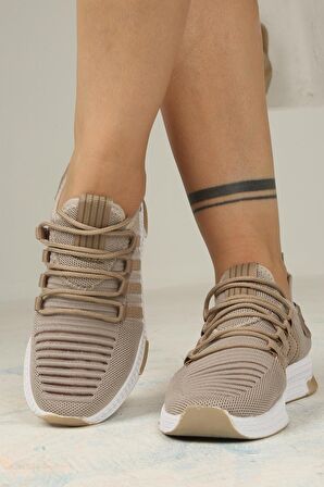 Kadın Bağcıklı Triko Spor Ayakkabı-Bej-Camel