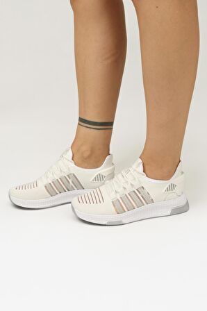 Kadın Bağcıklı Triko Spor Ayakkabı-Beyaz